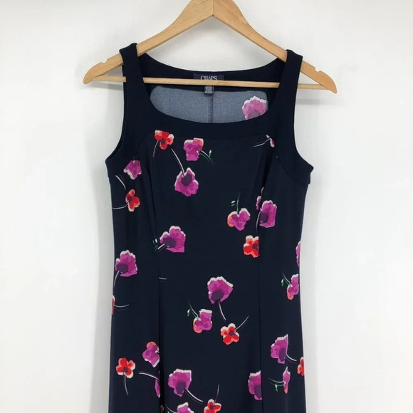 Chaps Navy Blue Floral  Red Pink Sleeveless Fit & Flair midi dress SP - Picture 3 of 13